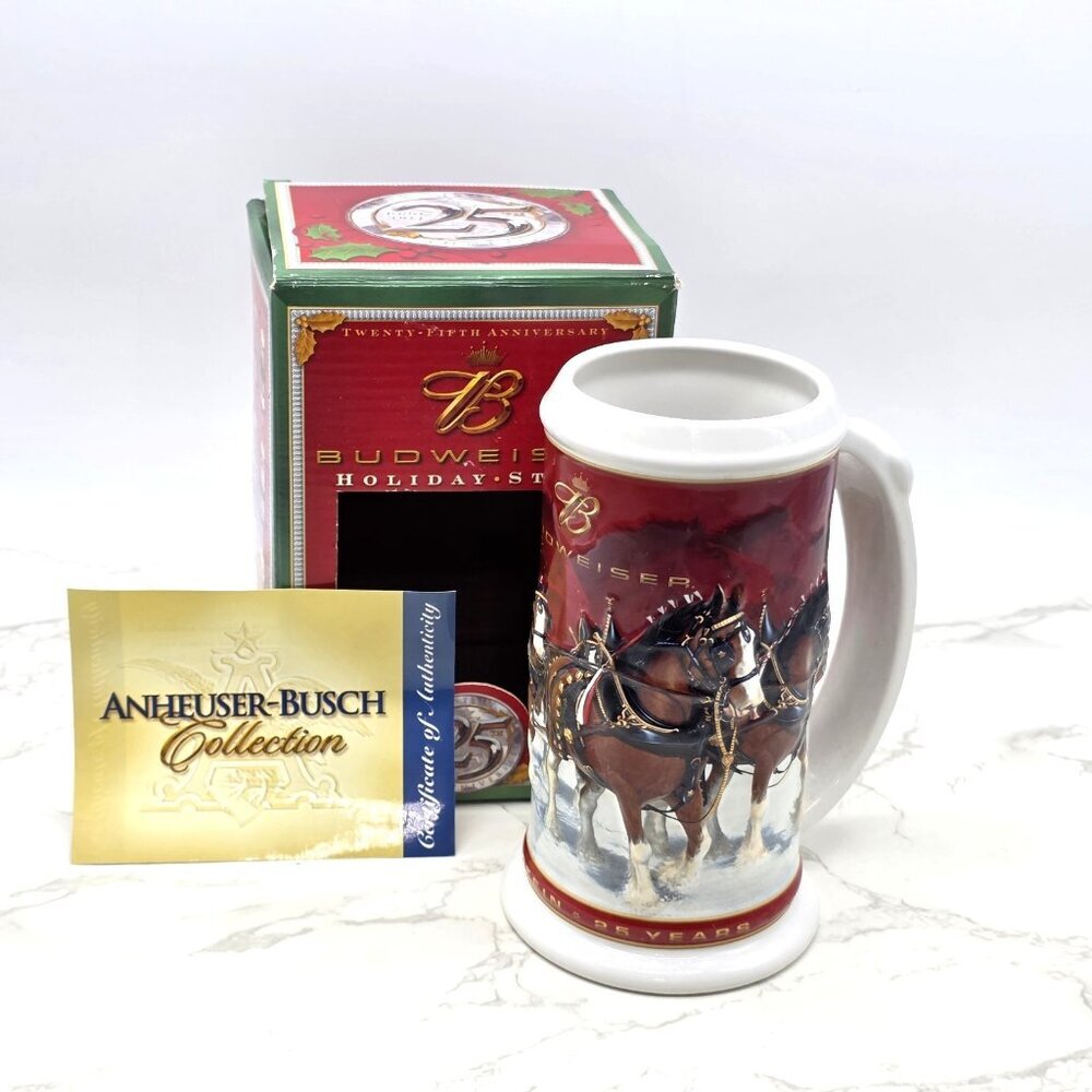 BUDWEISER Holiday Beer Stein 25th Anniversary 2004 CLYDESDALE Horse with COA New